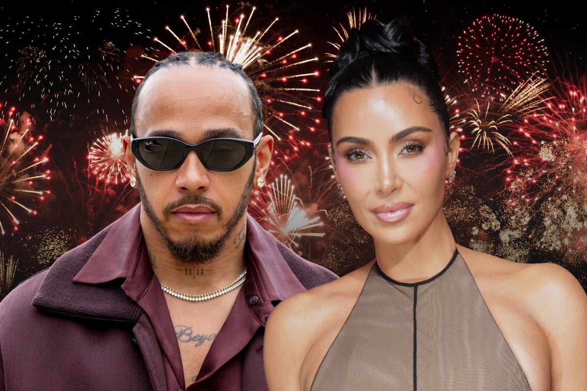 Lewis Hamilton and Kim Kardashian looking glam edited on a background of New Year's Eve fireworks