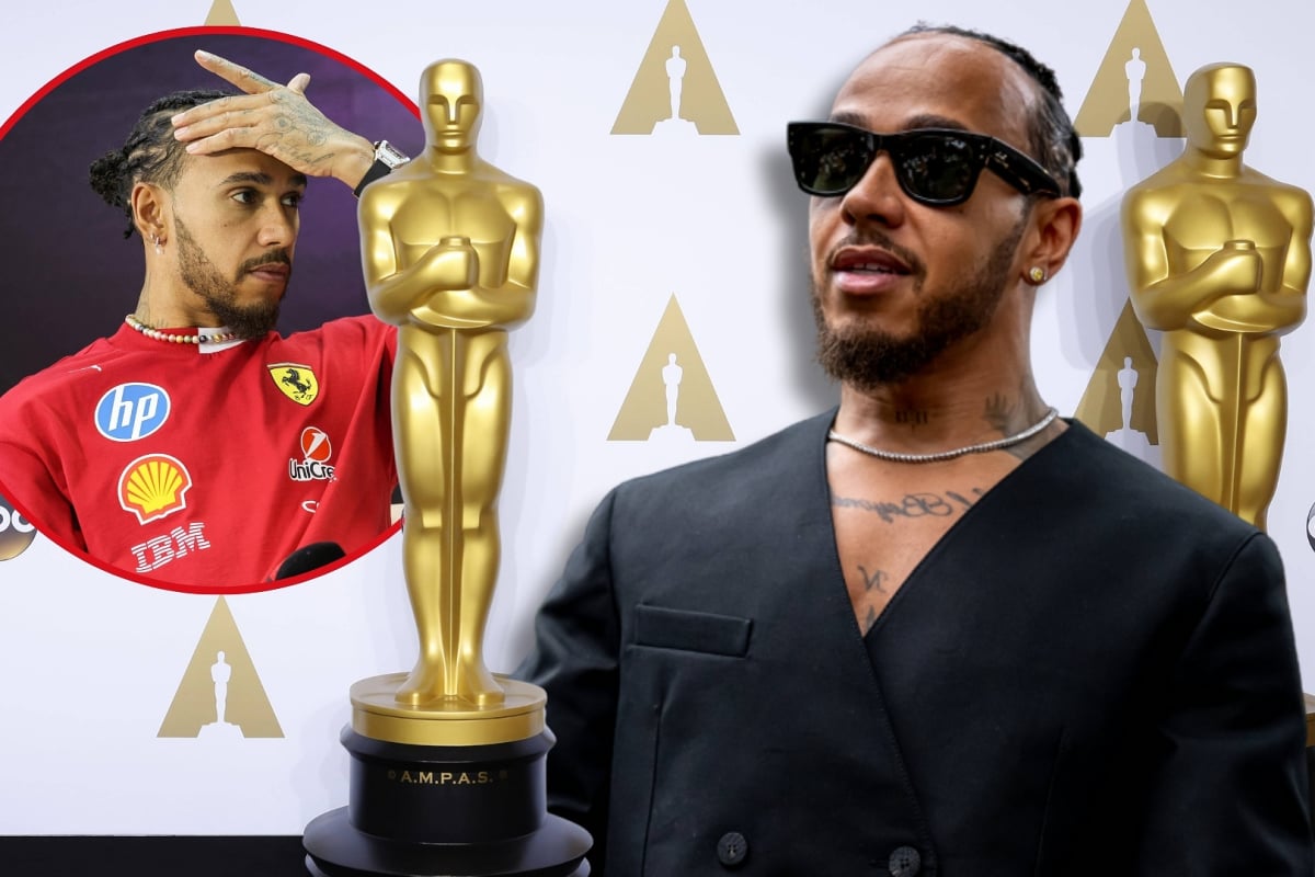 Lewis Hamilton looks concerned in front of an Oscars background