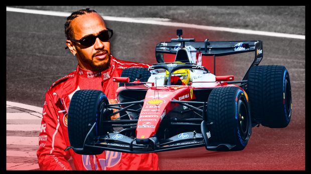 Lewis Hamilton is pictured next to the new Ferrari car for 2026