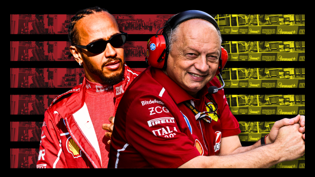 Hamilton looking serious and Vasseur smiling with a red, yellow and black background