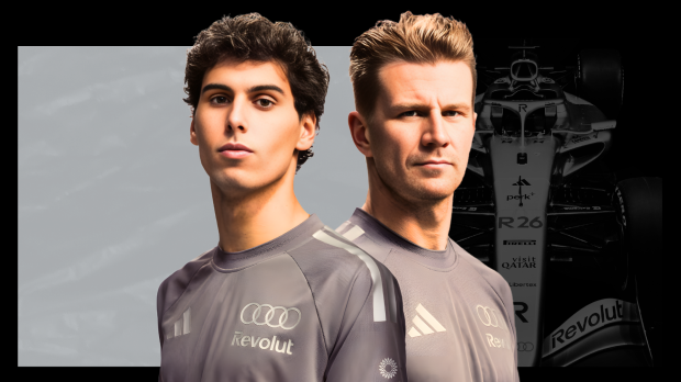 Hulkenberg and Bortoleto in grey revolut F1 kit with R26 background