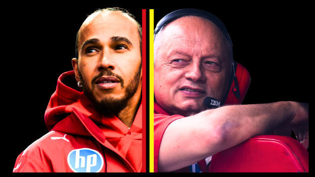 Hamilton and Vasseur edited alongside one another in Ferrari kit with black background split by yellow and red centre lines