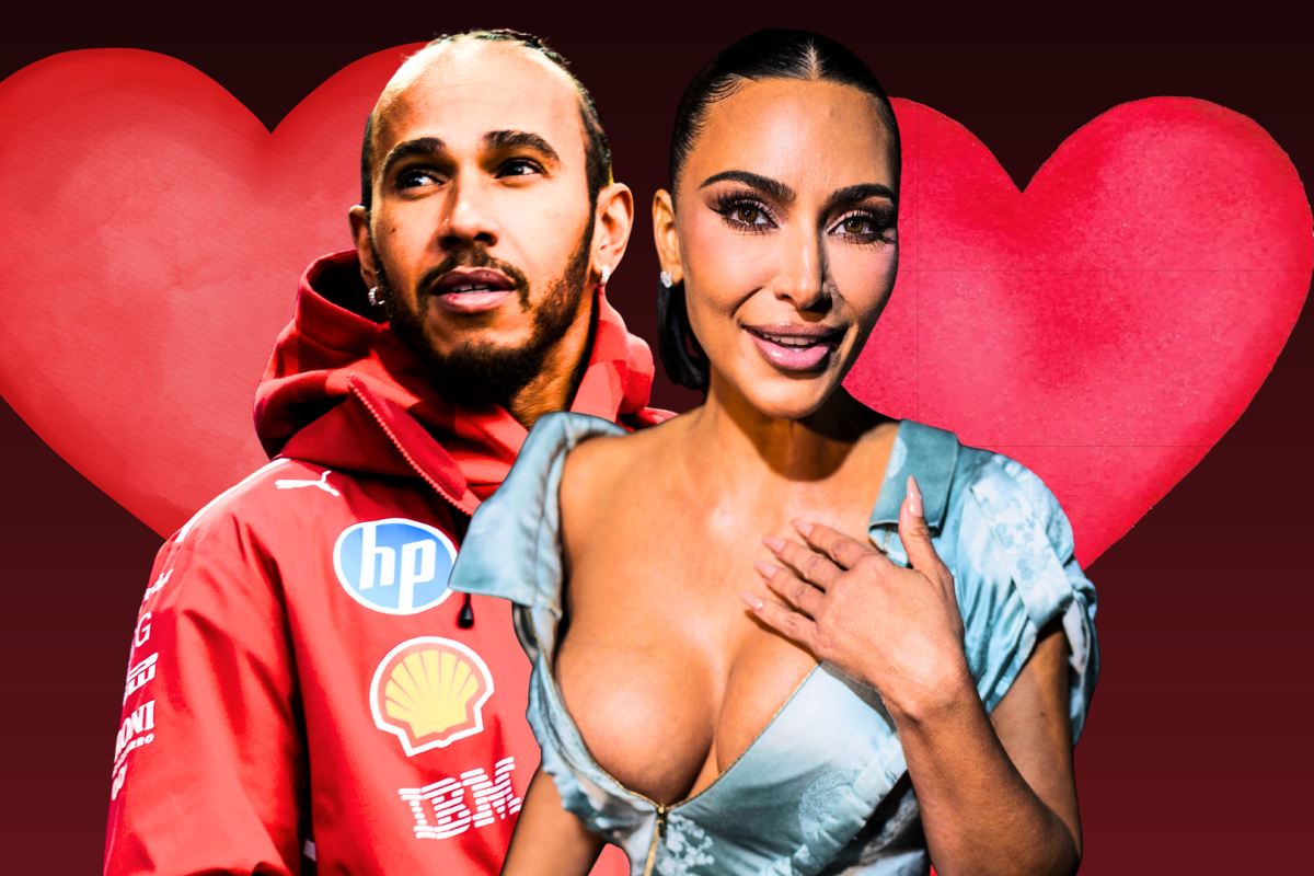 Lewis Hamilton and Kim Kardashian with a love heart behind them