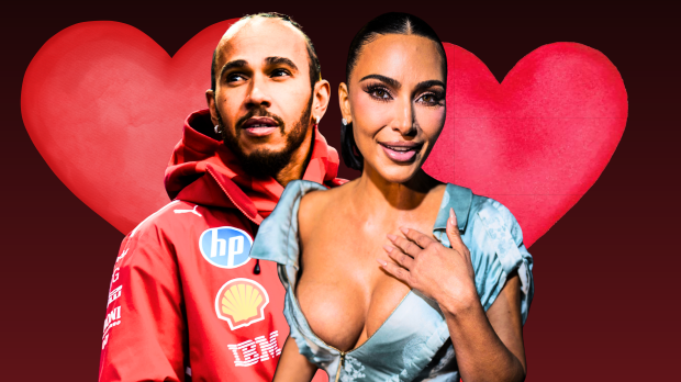 Lewis Hamilton and Kim Kardashian with a love heart behind them